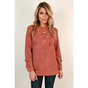 One Star Sugar and Spice Lace Up Sweater in Rustic Rose Size Small Cozy Sweater